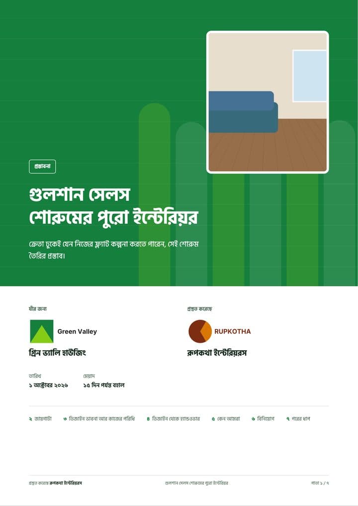 নমুনা প্রপোজালের কভার পাতা: শোরুমের ইন্টেরিয়রের প্রস্তাব, নিচে ক্লায়েন্ট আর প্রস্তাবদাতা দুই প্রতিষ্ঠানের লোগো ও নাম